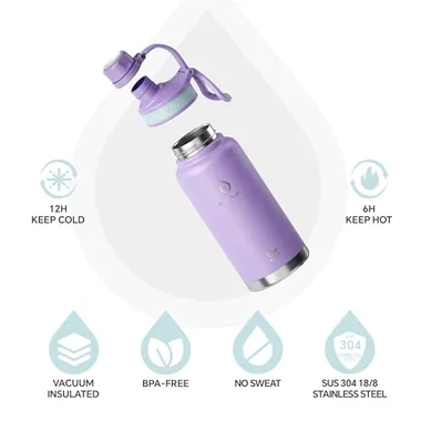 32 oz insulated bottle and two lids, view 2