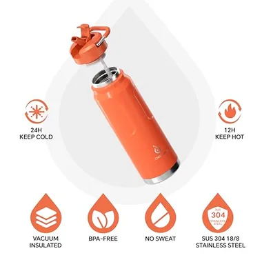 32 oz insulated bottle with a straw and two lids, view 2